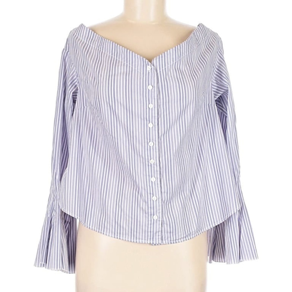 Free People Blue and White Striped Off-Shoulder Button Down Top